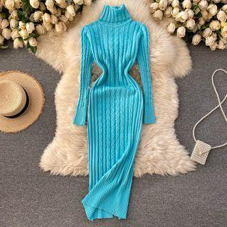 Long-sleeve Knit Midi Sheath Turtleneck Dress
