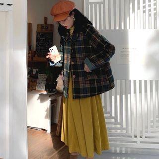 Color Block Plaid Tweed Jacket / Long-sleeve Turtleneck Top / Midi A-line Skirt