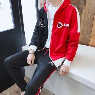 Set: Color Block Print Zip Hooded Padded Velvet Jacket + Jogger Pants