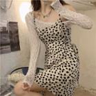 Long-sleeve Off-shoulder Top / Sleeveless Heart Print Slim-fit Dress