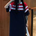 Elbow-sleeve Color Block Polo Shirt Dress As Shown In Figure - One Size