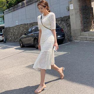 Set: Elbow-sleeve Ruffle Hem Midi Sheath Dress + Slipdress