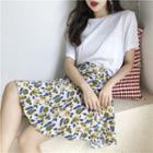 Short-sleeve Flower Embroidered T-shirt / Floral Print Asymmetrical A-line Skirt