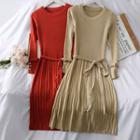 Pleated Knit Dress With Sash