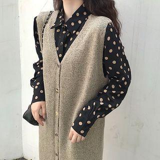 Buttoned Long Sweater Vest / Dotted Long-sleeve Shirt Dress