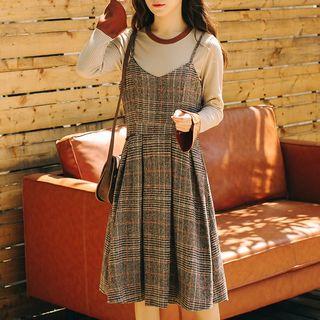Set: Plaid A-line Strappy Dress + Knit Top