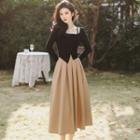 Set: Long-sleeve Irregular Cropped Knit Top + Midi A-line Skirt