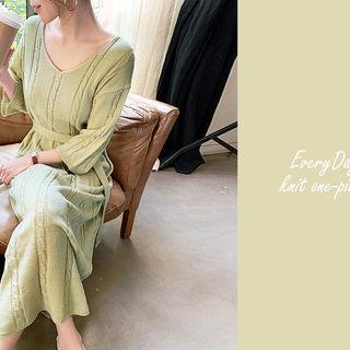 Maxi Cable Knit Dress With Sash Light Khaki - One Size