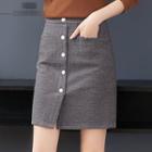 Plaid Button Pencil Skirt