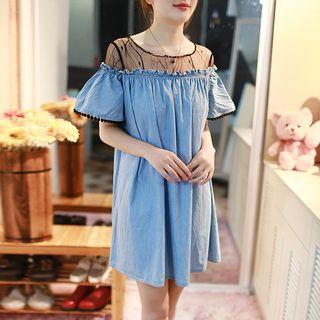 Lace Panel Denim Short Sleeve Dress