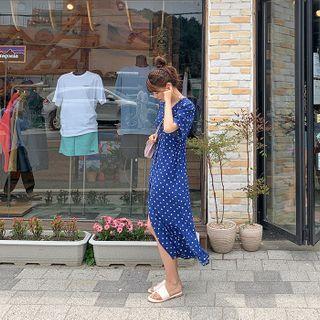 Buttoned Ruffled Maxi Dot Dress