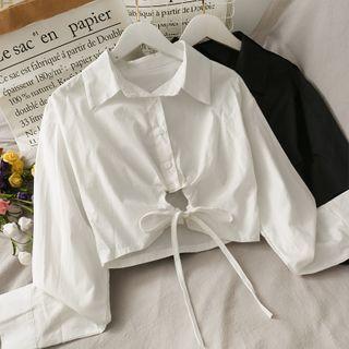 Tie-hem Long-sleeve Crop Shirt