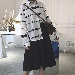 Dotted Shirt / Plain Midi Flare Skirt