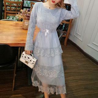 Long-sleeve Lace Panel Midi Layered Knit Dress