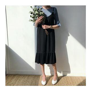 Pleated Ruffle-hem Sleeveless Dress