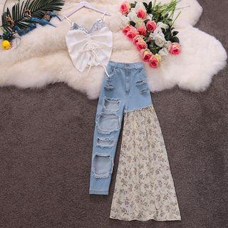 Set: Sequined Panel Drawstring Camisole Top + Chiffon Panel Distressed Jeans