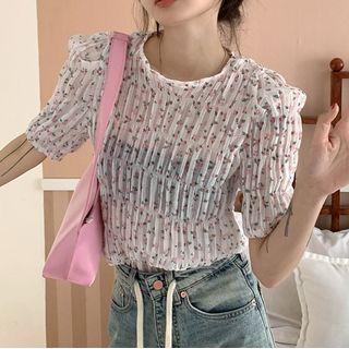 Short-sleeve Floral Shirred Top White - One Size