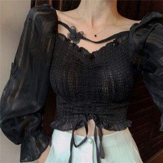 Puff-sleeve Drawstring Ruffled Blouse