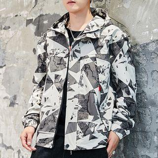 Hooded Geometric Print Zip Jacket