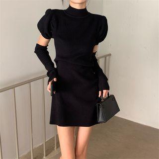 Set: Puff-sleeve Knit Mini Sheath Dress + Ribbed Knit Arm Sleeves