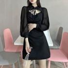 Long-sleeve Tie-neck Cutout Mini A-line Dress