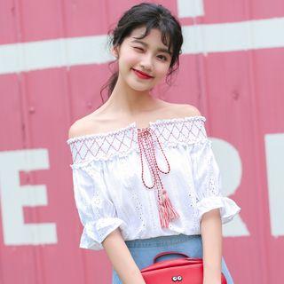 Tasseled Off-shoulder Elbow-sleeve Top