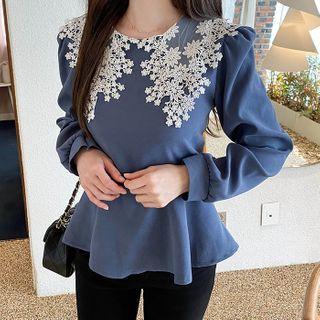 Lace-collar Puff-sleeve Peplum Blouse