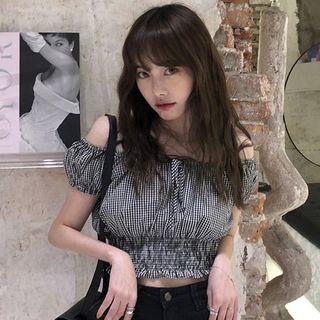 Plaid Short-sleeve Top Plaid - Black - One Size