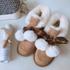 Faux Leather Chenille Bobble Ribbon Snow Boots
