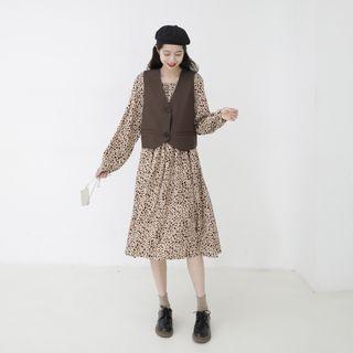Floral Midi A-line Dress / Button-up Vest