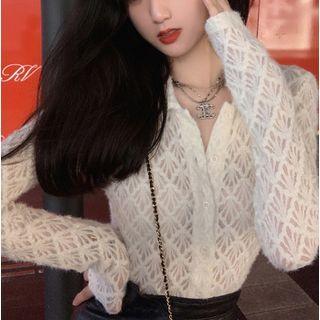 Long-sleeve Collared Lace Top Almond - One Size