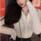 Long-sleeve Collared Lace Top Almond - One Size