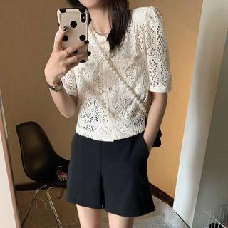 Short-sleeve Lace Blouse / High Waist Wide Leg Shorts