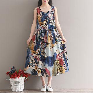 Sleeveless Abstract Print Drawstring Midi Shift Dress