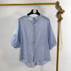 Open Placket Elbow-sleeve Blouse Blue - One Size