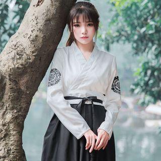 Long-sleeve Tie-front Printed A-line Dress