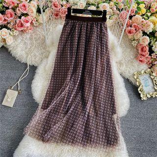 Check Mesh A-line Midi Skirt
