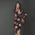 V-neck Flower Print Long-sleeve Sheath Dress