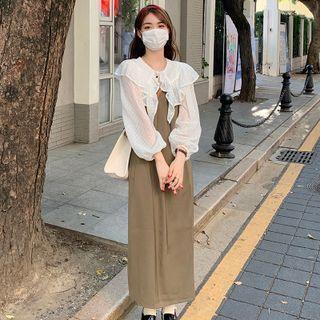 Ruffle Trim Blouse / Plain Split Spaghetti Strap Dress