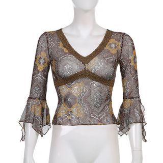 Elbow-sleeve Print Mesh Top