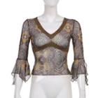 Elbow-sleeve Print Mesh Top