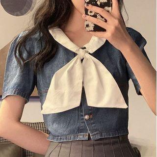 Short-sleeve Tie-neck Denim Cropped Blouse