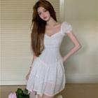 Puff-sleeve Eyelet Lace Mini A-line Dress White - One Size