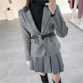Glen Plaid Blazer & Belt & Pleat Miniskirt Set Black - One Size