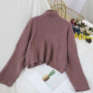 Plain High-neck Linen Flower Printed Sweater