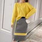 Set: Plain Sweater + Color Panel Straight-fit Knit Skirt