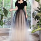 Puff-sleeve Ombre Mesh A-line Evening Gown
