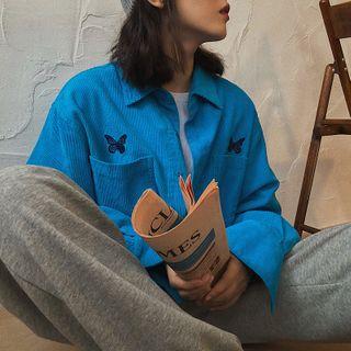 Butterfly Embroidery Corduroy Shirt Jacket Blue - One Size