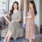 Bell Sleeve Dot Print V-neck Layered Dress