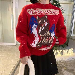 Bear Print Sweater Red & Blue & White & Beige - One Size